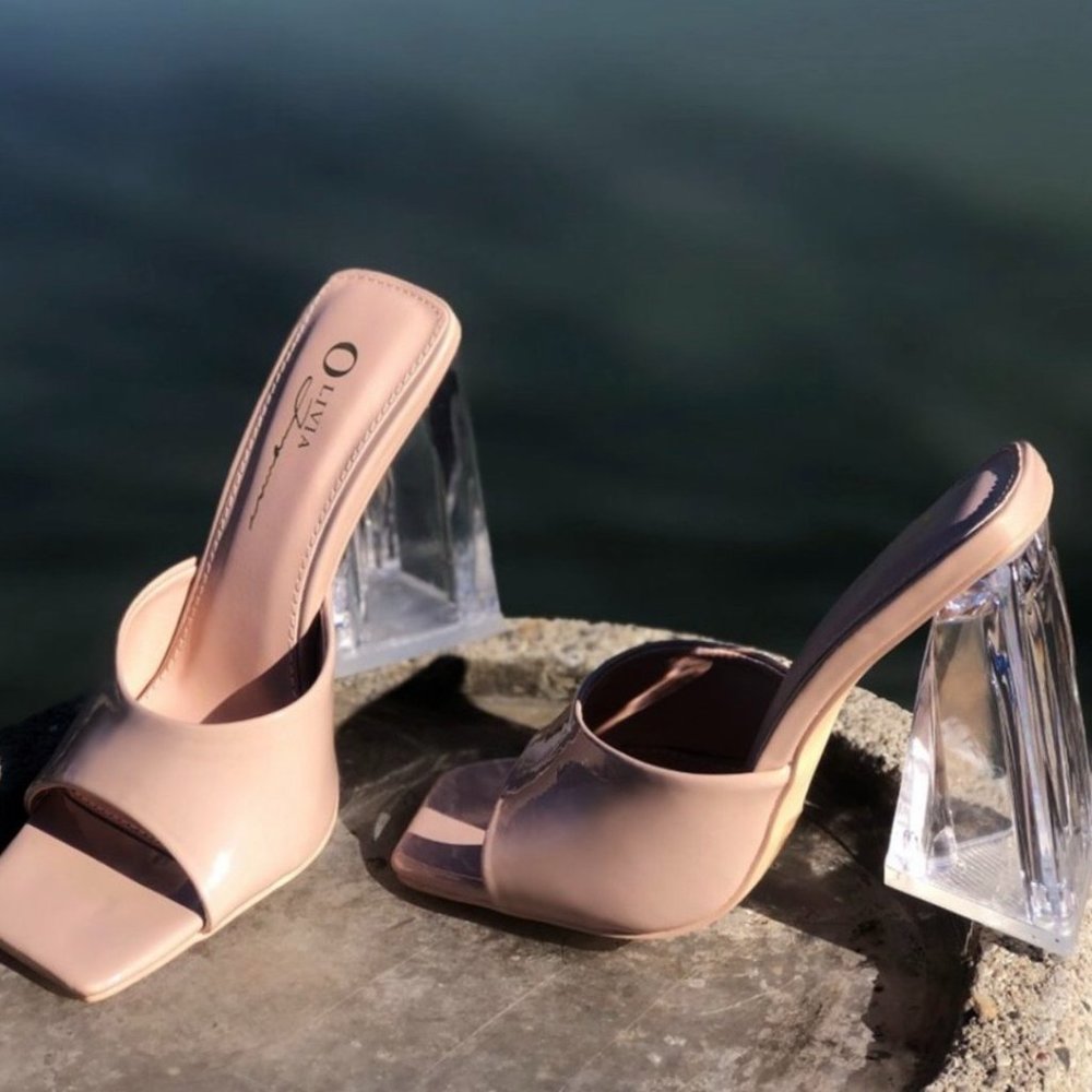 NEW Patent Clear Triangle High Block Heel Square Toe Slip On Sandals Mules Shoes - Picture 2 of 9